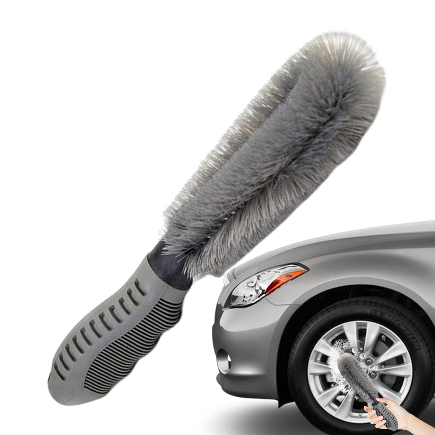 UCRAVO Car Wheel Brush, Anti-Skid Rim Cleaner Brush for Car, Bike & SUV, Heavy Duty Wheel and Tire Cleaning Brush with Soft Bristles, Ergonomic Grip Handle, Car Wash Accessories for Alloy Wheels