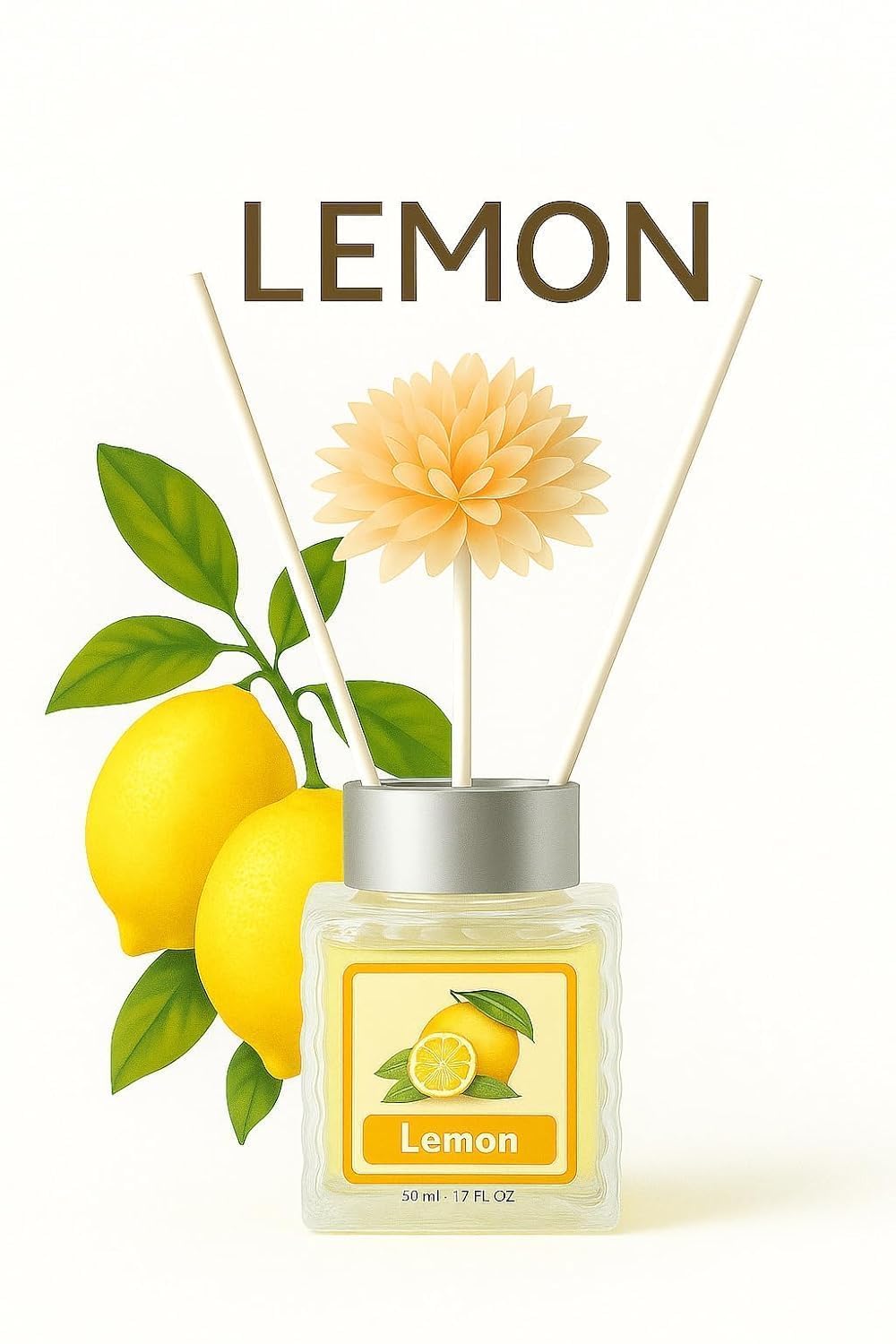 UCRAVO Lemon Reed Diffuser for Home Fragrance | Natural Lemon Aroma Air Freshener with Flower Sticks | Long Lasting Room Freshener for Living Room, Bedroom, Bathroom & Office Decor