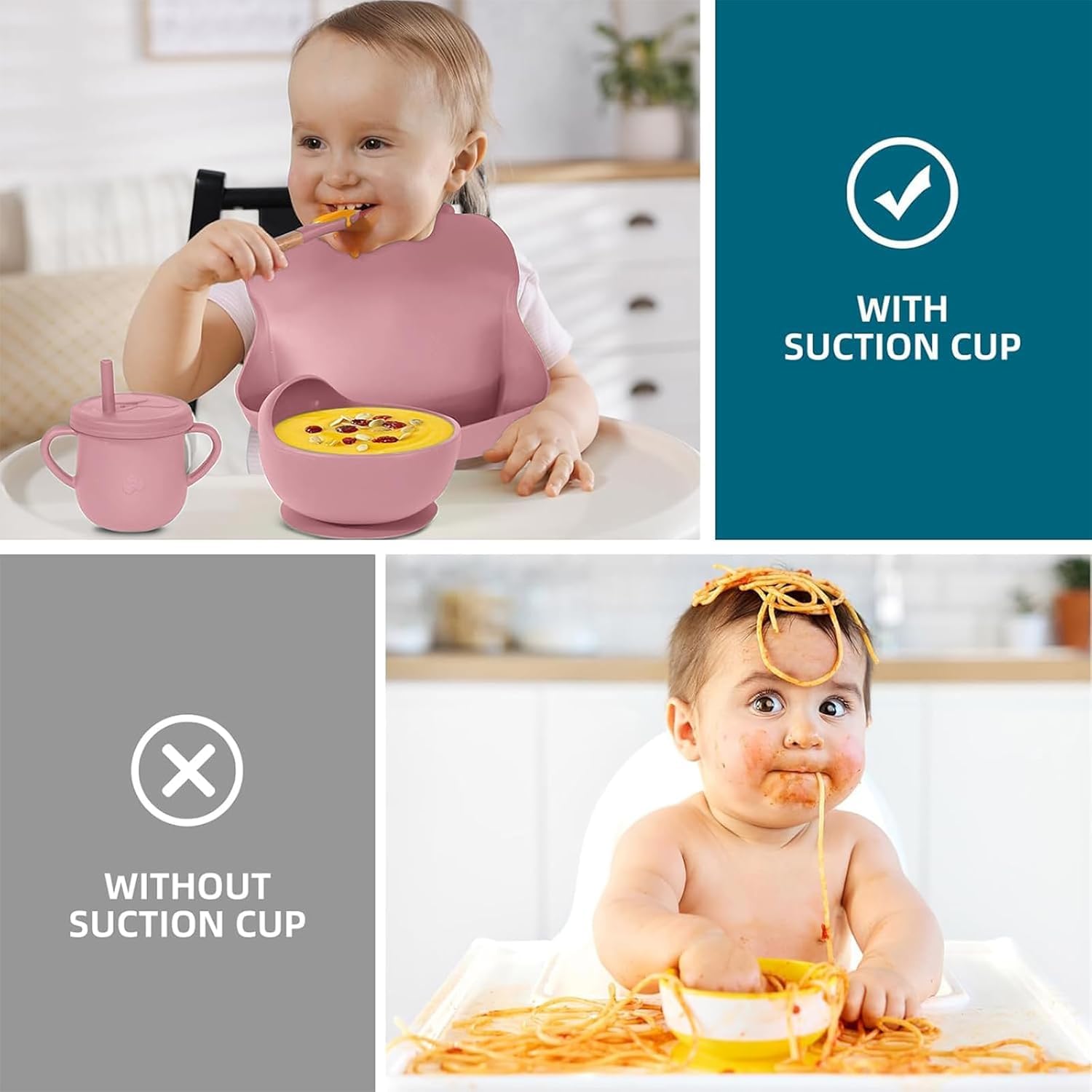 UCRAVO Baby Silicone Feeding Set 6 PCS – Pink Baby Girl Weaning Kit with Suction Bowl, Section Plate, Soft Silicone Bib, Sippy Cup with Handles, Spoon & Fork | Infant & Toddler Feeding Essentials