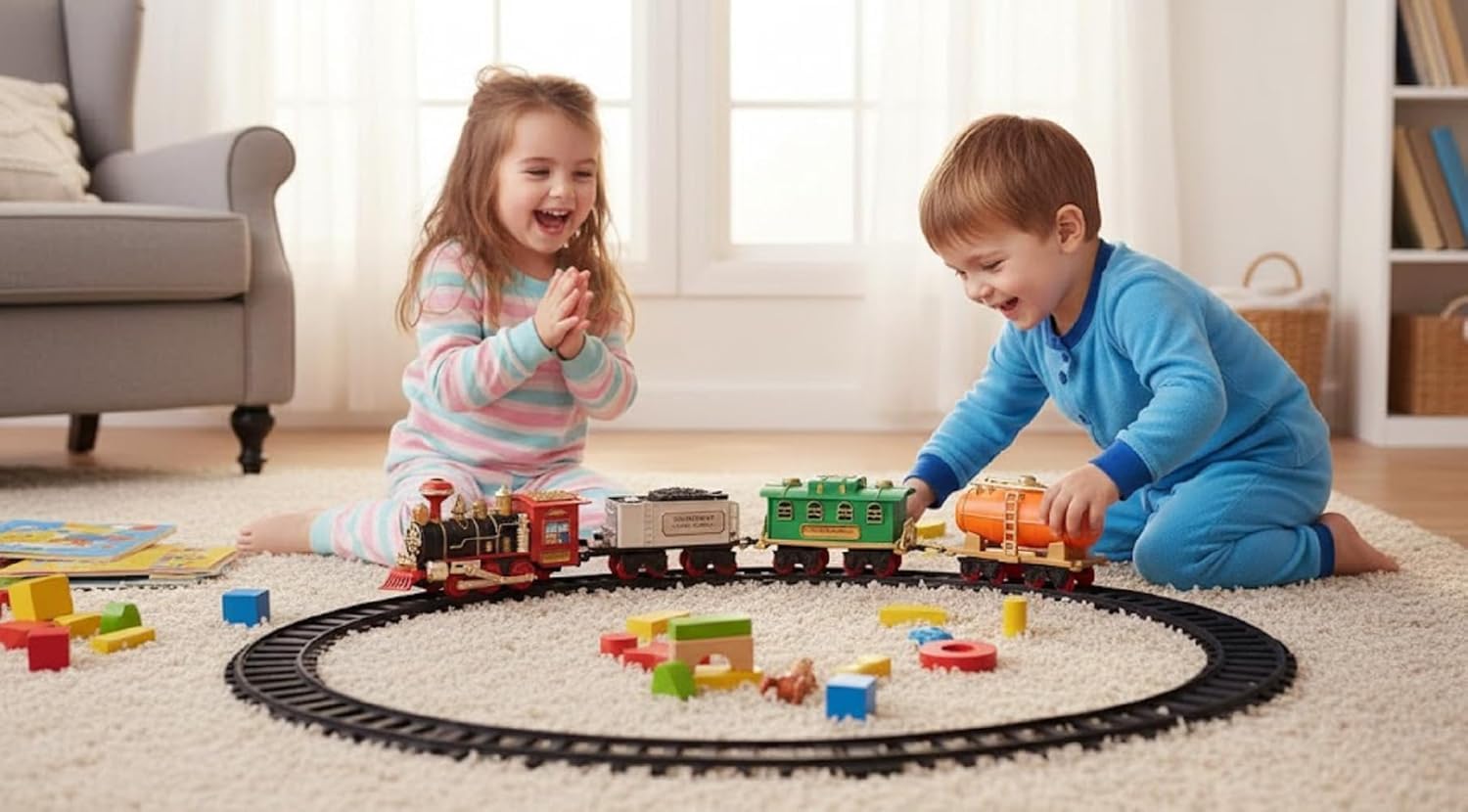 UCRAVO Electric Toy Train Set with Real Smoke, Lights Sound Steam Engine Railway Track Set for Kids 3+ Years, Battery Operated Classic Train with Cargo Coaches,Musical Train Toy Gift for Boys & Girls