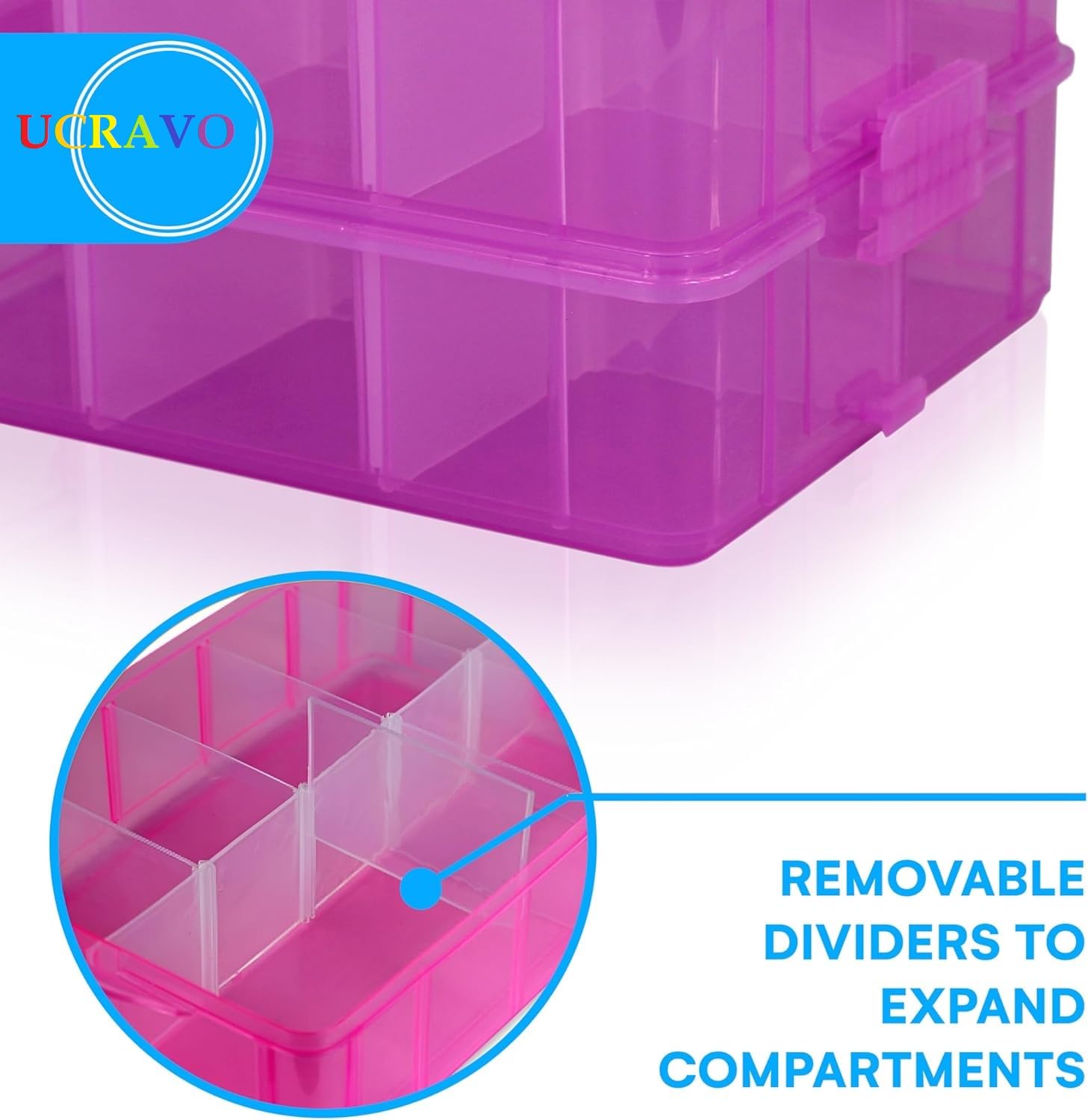 UCRAVO 1 PCS Plastic 3-Layer Jewelry Organizer Box with 18 Adjustable Dividers, Clear Transparent Storage Box with Collapsible & Removable Dividers, Stackable Toy Organizer Storage Case (PINK)