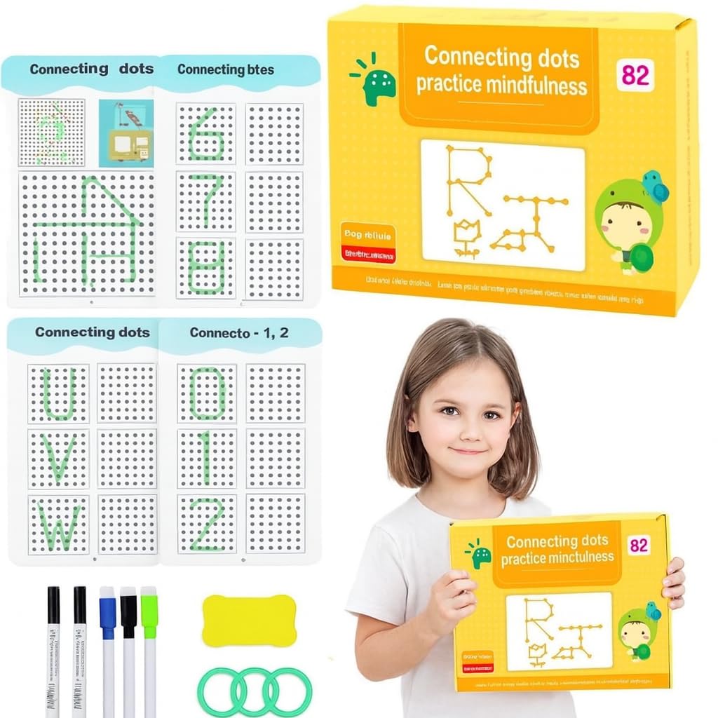 UCRAVO Kids Connecting Dots Handwriting Practice Workbook Set | Montessori Alphabet Writing Book | Number Tracing, ABC Learning, Mindfulness Activity Kit with Pens & Eraser | Reusable Practice Sheets