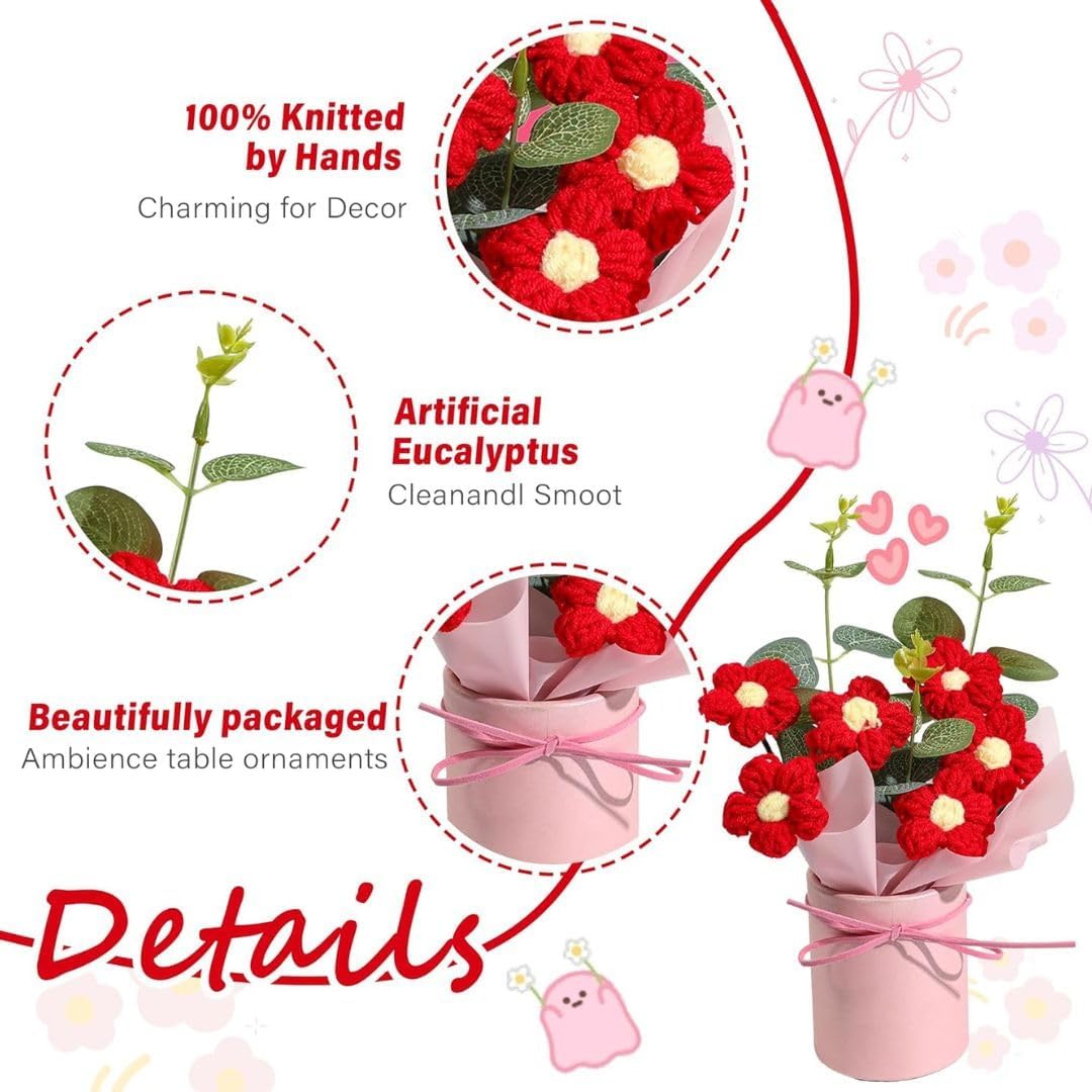 UCRAVO Crochet Flower Bouquet Handmade Knitted Artificial Flowers Cute Yarn Flower Mini Bouquet Gift Box,Aesthetic Romantic Gift for Girlfriend Wife Mom,Forever Flower Decoration for Desk Home Office