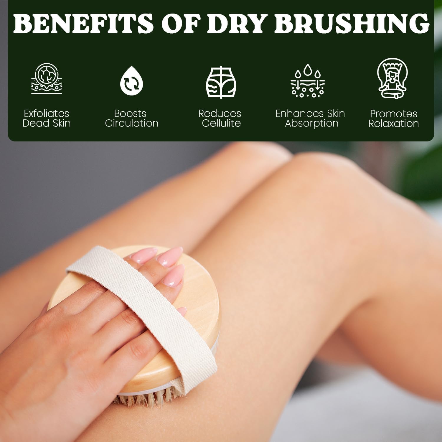 UCRAVO Dry Brush for Exfoliation & Lymphatic Drainage | Natural Bristle Body Brush with Massage Nodes | Cellulite Reduction, Dead Skin Remover, Body Polishing & Spa Massage Brush for Glowing Skin
