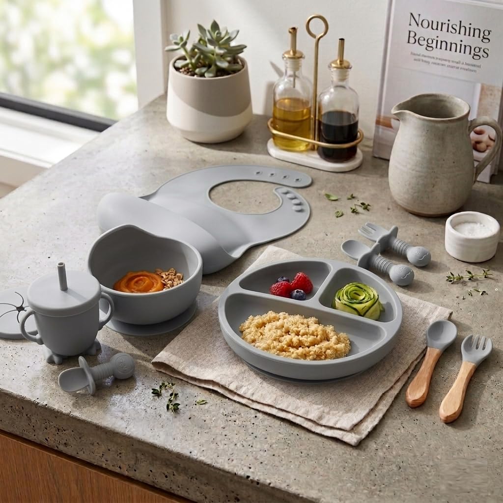 UCRAVO Grey Baby Feeding Set Premium Silicone Baby Led Weaning Set with Adjustable Bib,Divided Suction Plate,Suction Bowl,Baby Training Cup with Straw Lid,Spoon Fork Set,Feeding Essentials Tableware