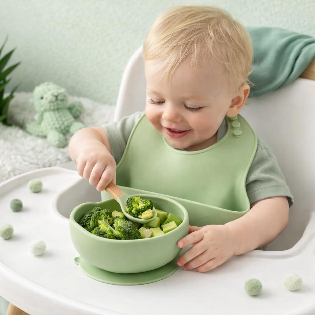 UCRAVO Green Silicone Baby Feeding Set 6 Piece Toddler Feeding Supplies with Anti Slip Suction Bowl & Plate, Waterproof Adjustable Bib,Resistant Straw Cup, Baby Training Spoon & Fork for Self Feeding