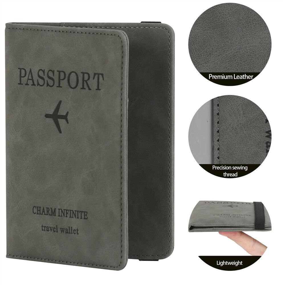 UCRAVO Passport and Card Holder Cover, PU Leather Travel Wallet RFID Passport Holder for Women and Men, Exquisite RFID Blocking Wallet Elastic Strap, Portable Passport Case for Business, Travel(Gray)