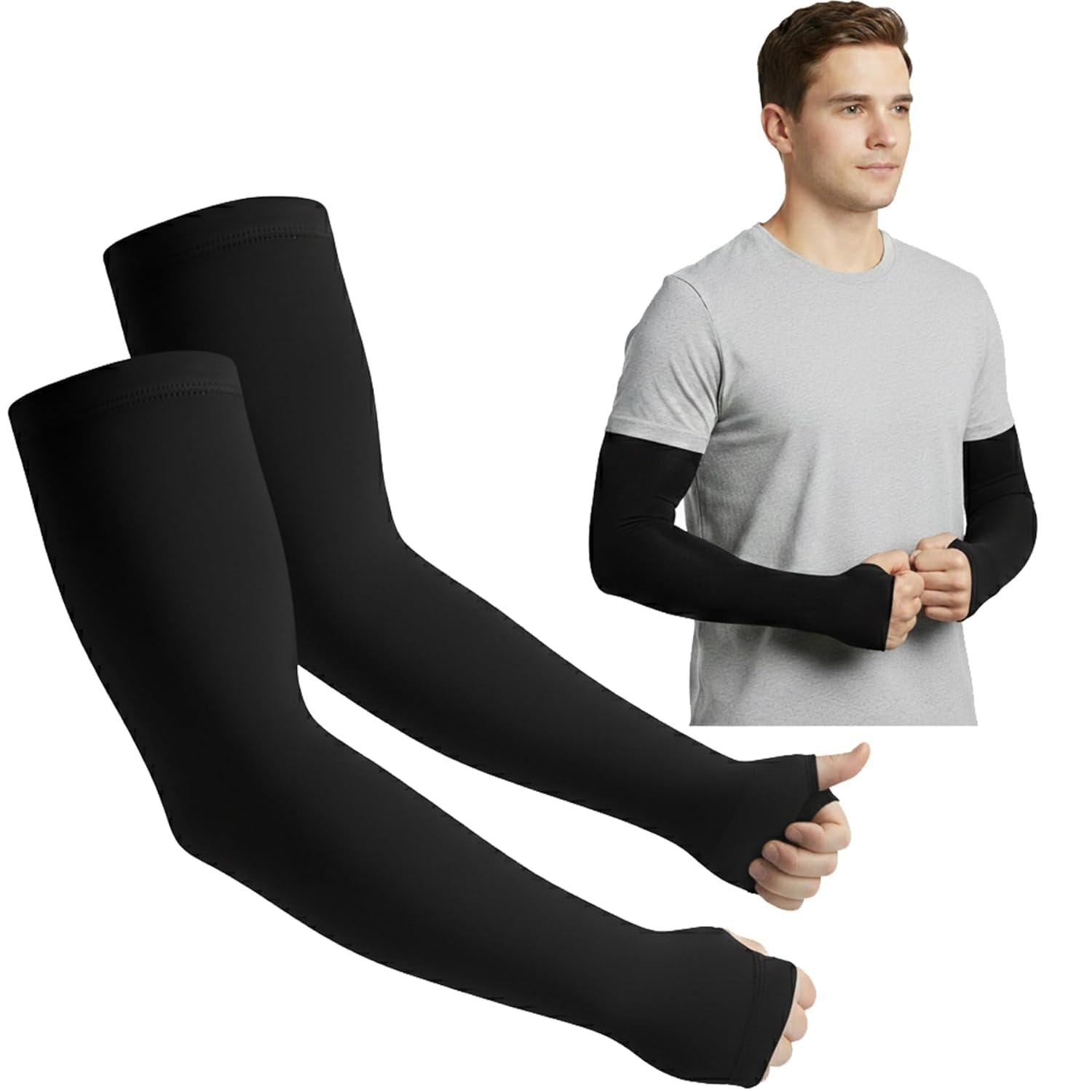 UCRAVO Sun Protection Arm Sleeves for Men & Women with Thumb Hole, Arm Covers for Biking,Gym Workout,Driving & Outdoor Activities,Elastic Breathable Sports Sleeves for All-Day Comfort (Black, 1 Pair)
