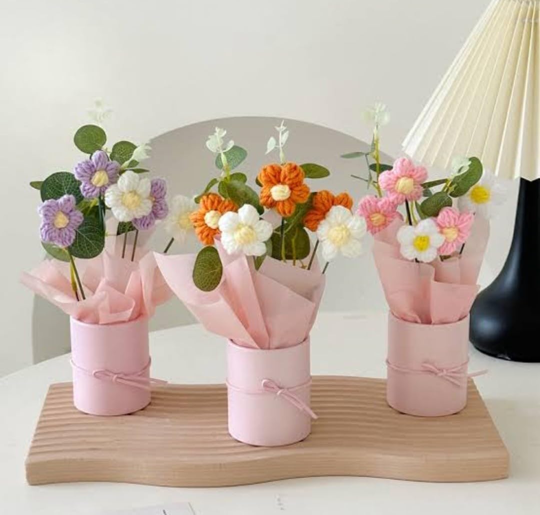 UCRAVO Artificial Crochet Flower Bouquet Orange Daisy Handmade Knitted Flower Arrangement with Mini Pot,Cute Decorative Flowers for Desk Decor,Room Decoration, Car Dashboard,Aesthetic Gift for Girls