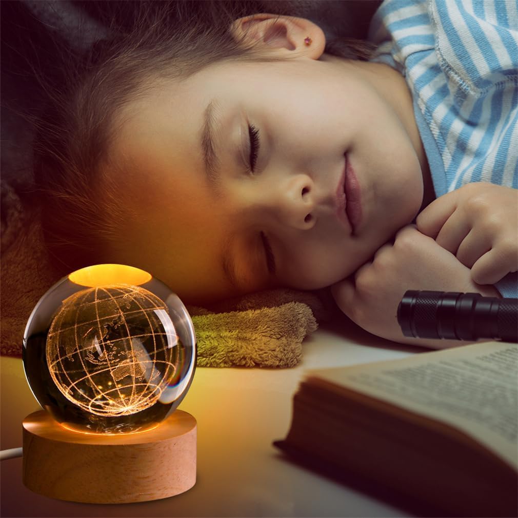 UCRAVO 3D Earth Crystal Ball Night Light Glass Ball Night Lamp with Wooden Base Fantasy Decoration Crsytal Ball LED Galaxy Planet Nightlight Bedroom Decor for Multipurpose Warm White Light(Globe)