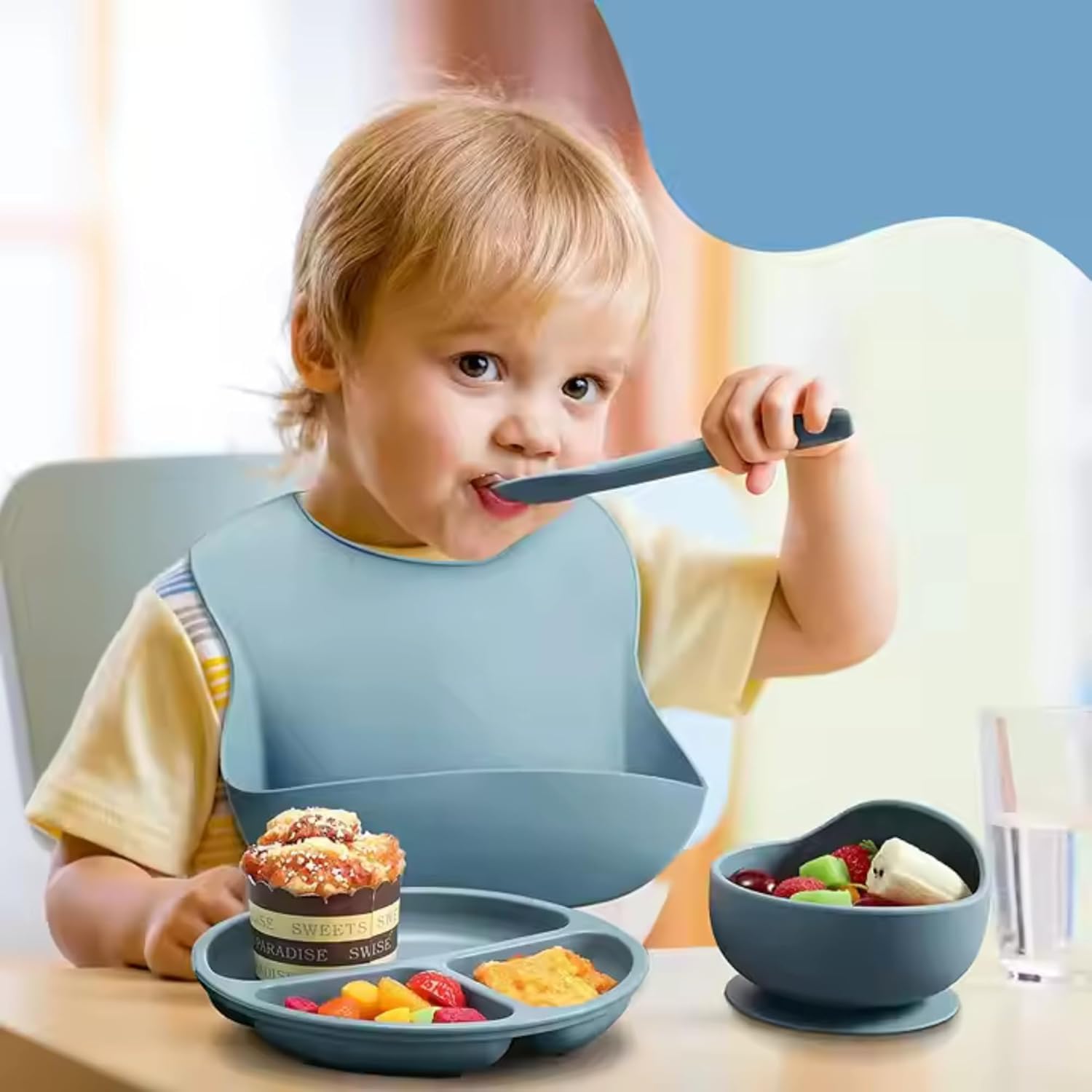 UCRAVO Baby Silicone Feeding Bib with Extra Wide Food Catch Pocket 100% Waterproof & BPA-Free Soft Silicone Toddler Bibs – Adjustable Neck Snap Buttons Mess-Free Reusable & Dishwasher Safe Bib - Blue