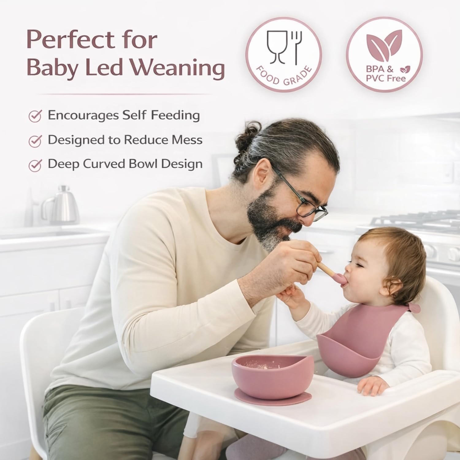 UCRAVO Pink Baby Feeding Bowl & Spoon Set | Silicone Suction Bowl for Baby Food | BPA Free Toddler Bowl | Anti-Spill Design Baby Led Weaning Self Feeding Set | Infant Silicone Bowl with Spoon