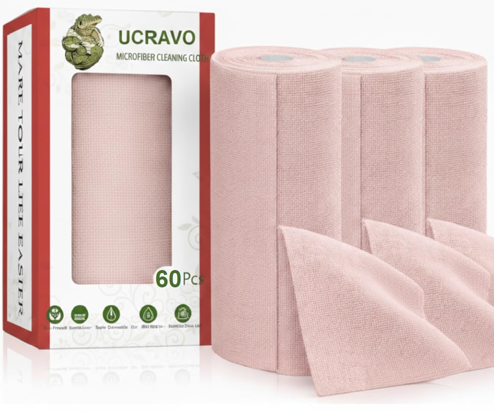 UCRAVO 3 Roll 60pcs Microfiber Cleaning Cloth Roll - Reusable & Washable Tear-Away Cleaning Rags for Home Kitchen Surfaces Garage & Auto Detailing | High Absorbent Car Wash Dishes Cleaning Towels