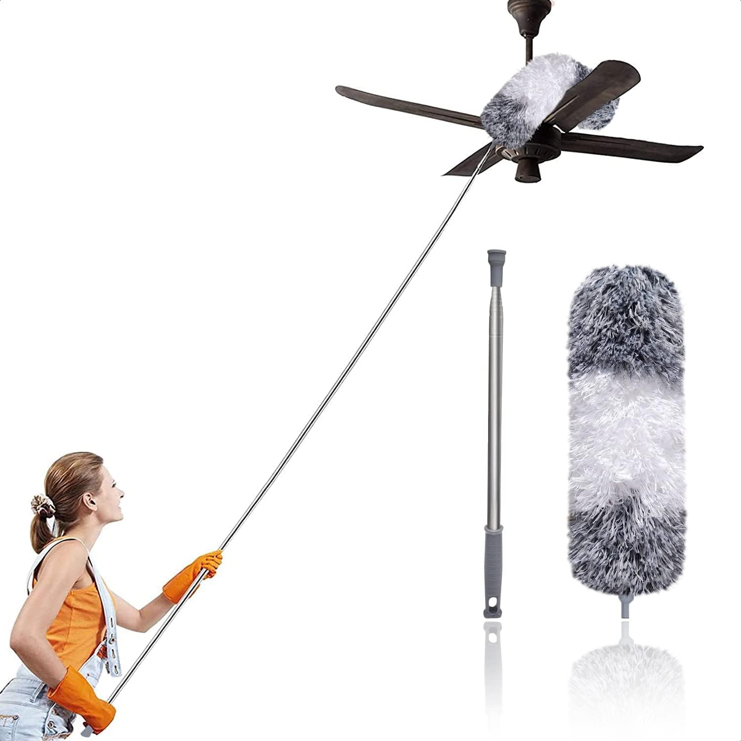 UCRAVO 2025 Upgraded Fan Cleaning Mop Microfiber Duster with Extension Pole(Stainless Steel), Extra Long 100 inches, with Bendable Head, Extendable Duster for Cleaning High Ceiling Fan, Interior Roof