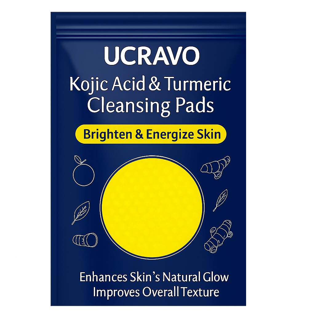UCRAVO Kojic Acid & Turmeric Cleansing Pads – 120PCS | Skin Brightening & Dark Spot Remover | Foaming Exfoliating Face Pads with Vitamin C & B5 for Acne, Pigmentation – For All Skin Types - 2 PACK