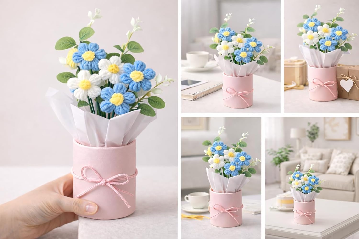 UCRAVO Artificial Crochet Flower Bouquet Blue Daisy Handmade Knitted Flower Bunch with Pot, Cute Mini Flower Arrangement for Desk Decor, Home Decoration, Romantic Gift for Girls, Women, Birthday Gift