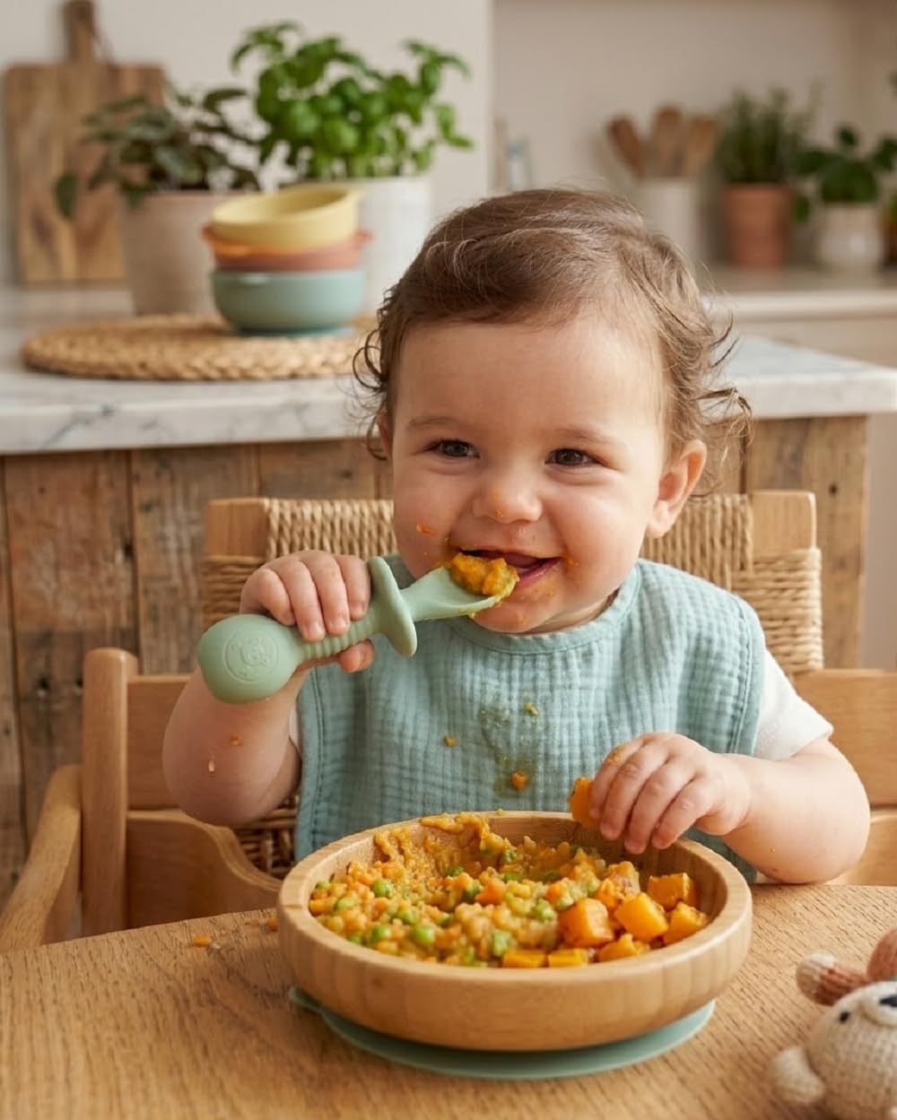 UCRAVO Baby Training Spoon and Fork Set for Self Feeding | BPA Free Silicone Toddler Spoon Fork Set | Soft Tip Baby Feeding Utensils with Anti Choke Guard | Baby Led Weaning Spoon Fork Set for Infants & Toddlers (Green)
