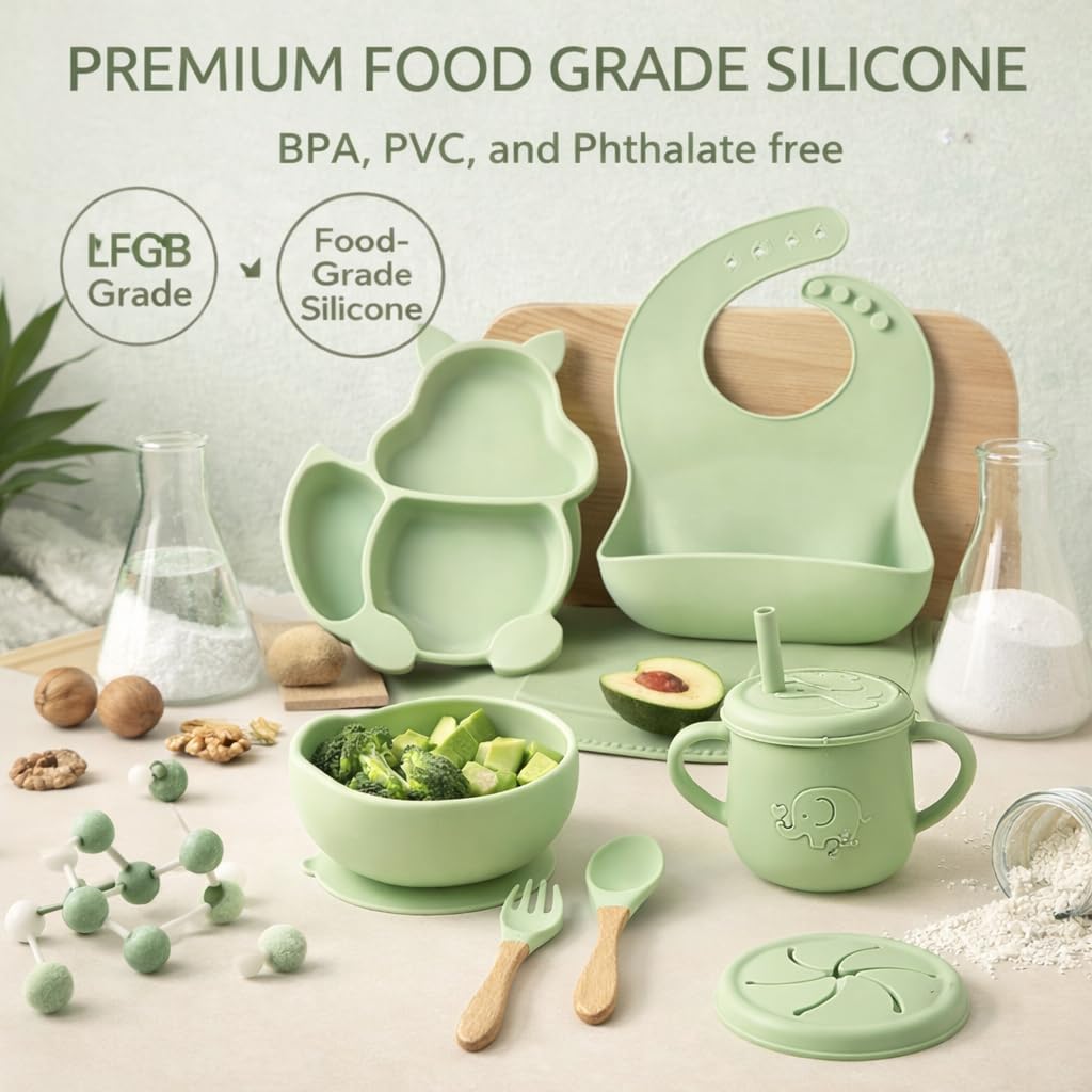 UCRAVO Green Silicone Baby Feeding Set 6 Piece Toddler Feeding Supplies with Anti Slip Suction Bowl & Plate, Waterproof Adjustable Bib,Resistant Straw Cup, Baby Training Spoon & Fork for Self Feeding