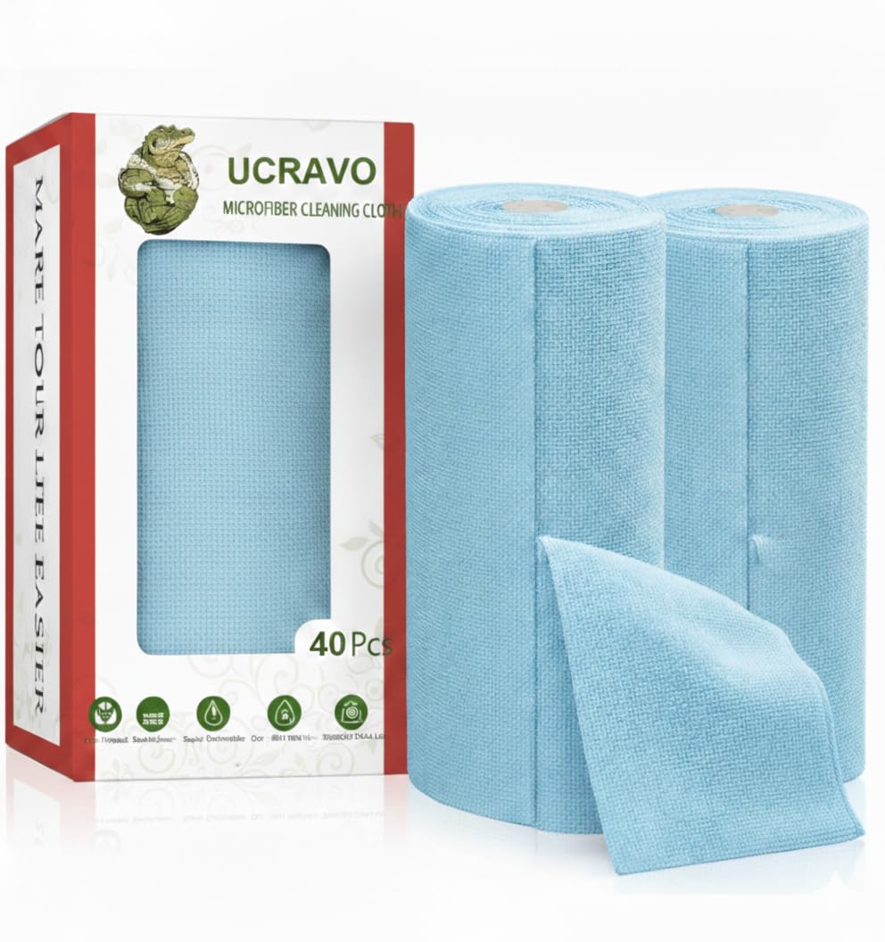 UCRAVO Blue 2Roll 40pcs Microfiber Cleaning Cloth Roll - Reusable & Washable Tear-Away Kitchen Towel Roll | Very Soft Cleaning Cloths for Home Office Electronics Car Cleaning, High Absorbent Lint Free