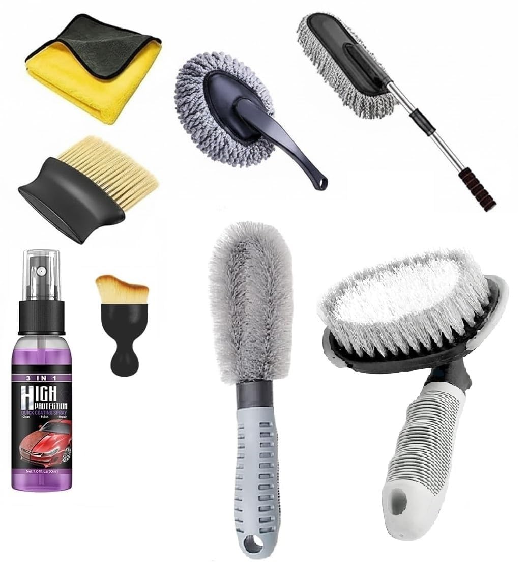 UCRAVO 8-Piece Professional Car Cleaning Kit with Extendable Microfiber Duster | Glass Anti-Fog Spray & Oil Film Remover | Heavy-Duty Tire & Hub Brush Set | Interior Detailing & Restoration Tool Kit