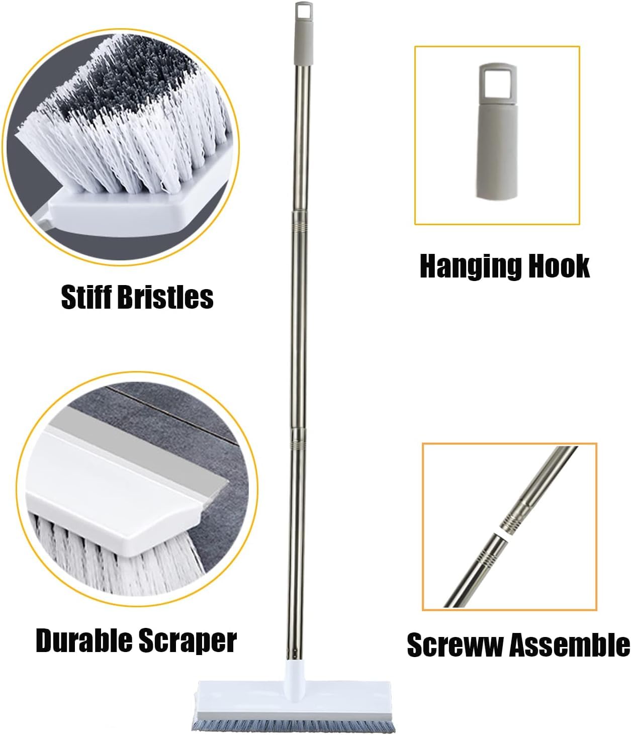 UCRAVO 1pc, Floor Scrub Brush with Long Handle, 2 in 1 Scrape and Brush, Tub and Tile for Cleaning Bathroom, Patio, Kitchen, Wall,Supplies, Bathroom Cleaning with Wiper