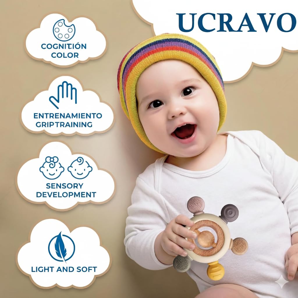 UCRAVO 2-in-1 Baby Teether Toy | Natural Neem Wood & Food-Grade Silicone Sensory Toy for Infants 3+ Months | BPA-Free Soft Teething Ring for Gum Relief | Safe Non-Toxic Antimicrobial Wood Baby Teether