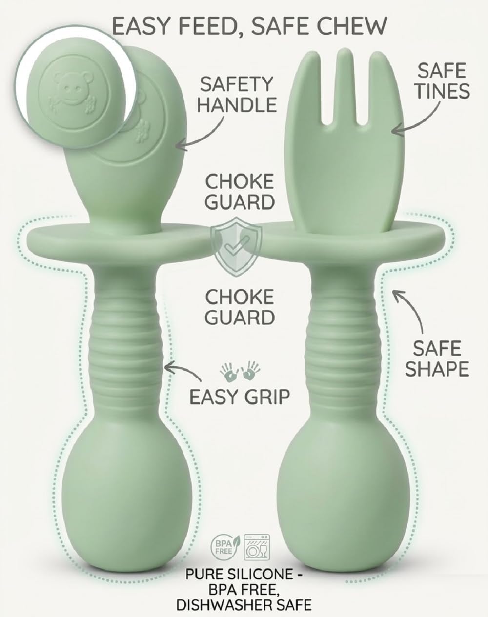 UCRAVO Baby Training Spoon and Fork Set for Self Feeding | BPA Free Silicone Toddler Spoon Fork Set | Soft Tip Baby Feeding Utensils with Anti Choke Guard | Baby Led Weaning Spoon Fork Set for Infants & Toddlers (Green)