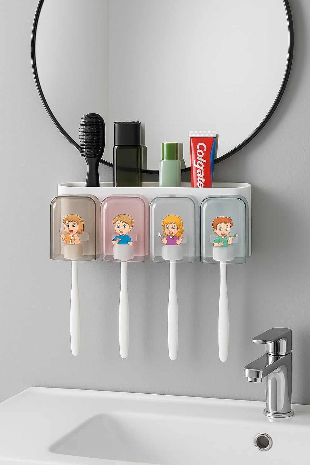 UCRAVO Toothbrush Holder | Toothpaste Bathroom Organizer Plastic Holders for Wall Mounted Toothbrushes Shelf Storage Toothpaste Colorful Cute Cartoon Stickers Self Adhesive Toothbrush Cup Brush
