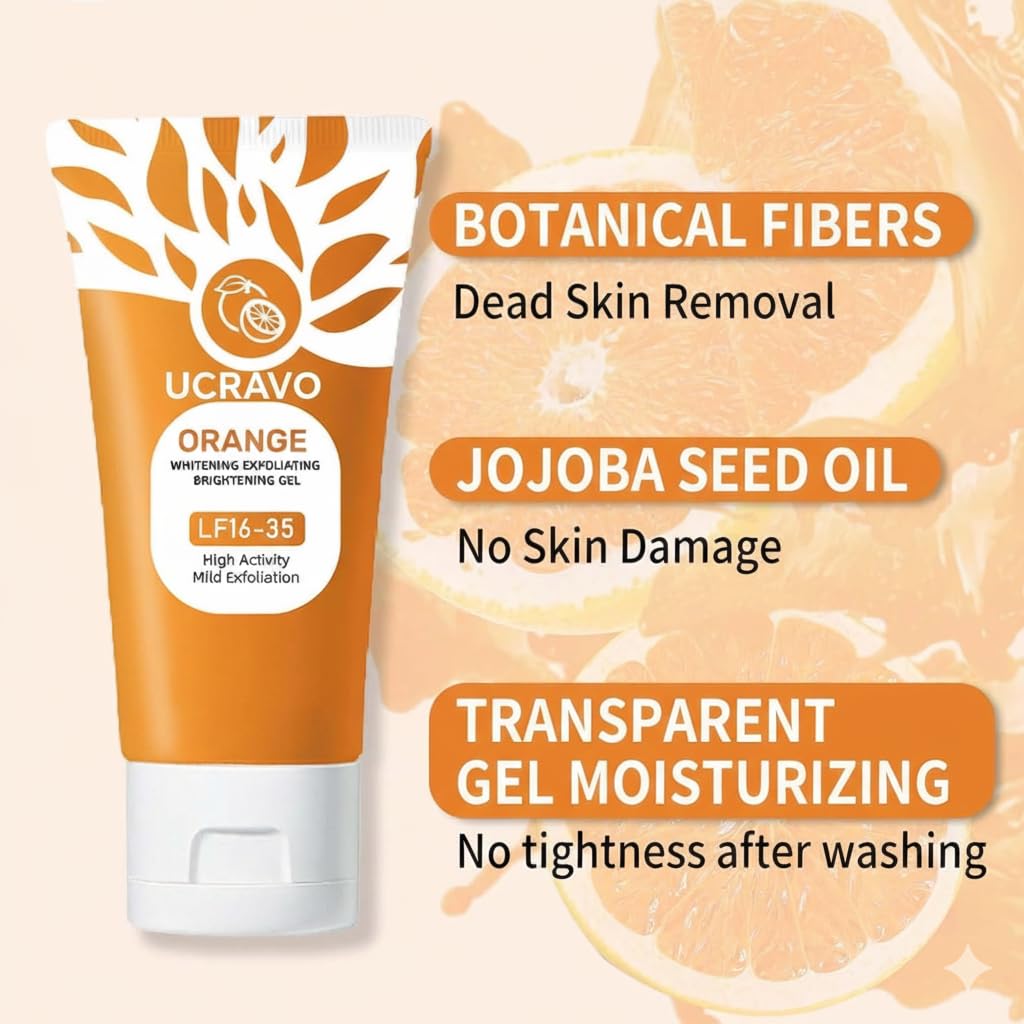 UCRAVO Orange Whitening Exfoliating Brightening Gel Vitamin C Dead Skin Removal Gels | Tan Removal Face & Body Exfoliator | Dark Spot Pigmentation Removal | Mild Peeling Gel for Glowing Skin Men Women
