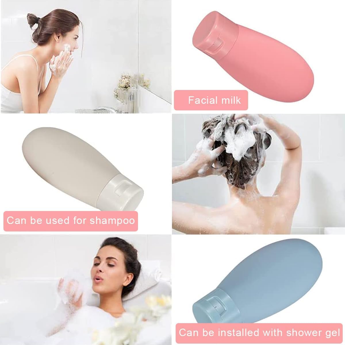 Ucravo 3 Pcs Travel Bottles for Toiletries, Portable Silicone Travel Container Set for Cream, Shampoo, Hand Wash, Lotion Storage, Leakproof Mini Travel Essentials for Women Travel Accessories(60ml)