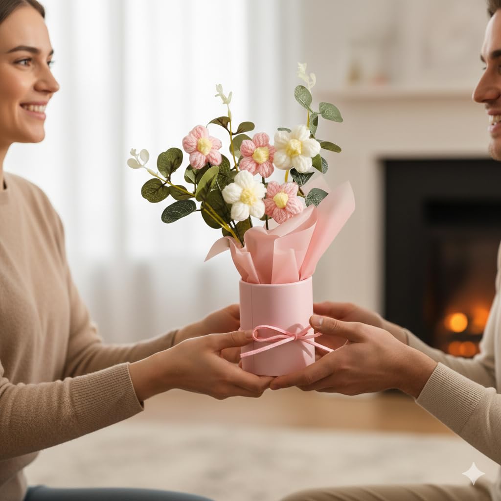 UCRAVO Artificial Flower Pot for Home Decor Premium Faux Flower Arrangement with Decorative Pot & Ribbon Tabletop Flower Vase for Living Room,Bedroom,Office,Gift for Birthday,Anniversary,Housewarming