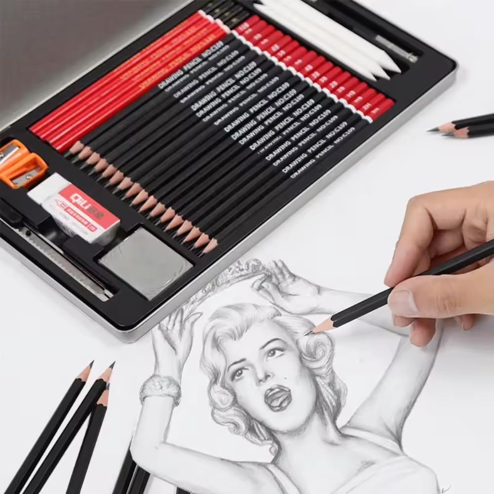 UCRAVO Professional Sketching & Drawing Pencil Set 30 Pcs Artist Kit with Graphite Shading Pencils,Charcoal, Blending Tools, Eraser & Sharpener Metal Box Art Supplies for Adults, Beginners, Students
