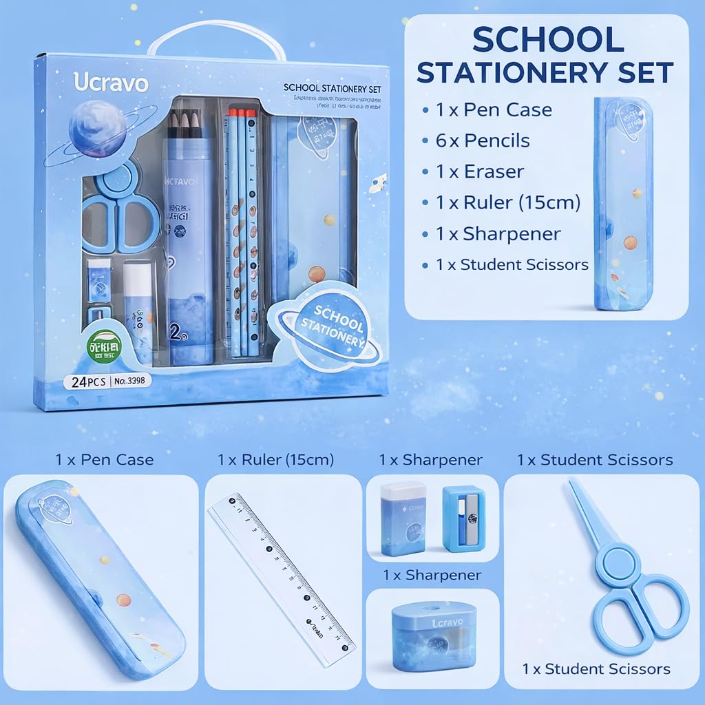 UCRAVO 24 PCS Stationery Gift Set for Kids, Student School Supplies Box Kit with Pencil,Eraser, Sharpener,Scale,Scissors, Ruler & Pencil Case Cute Stationary Combo Set for Boys Girls Study Essentials