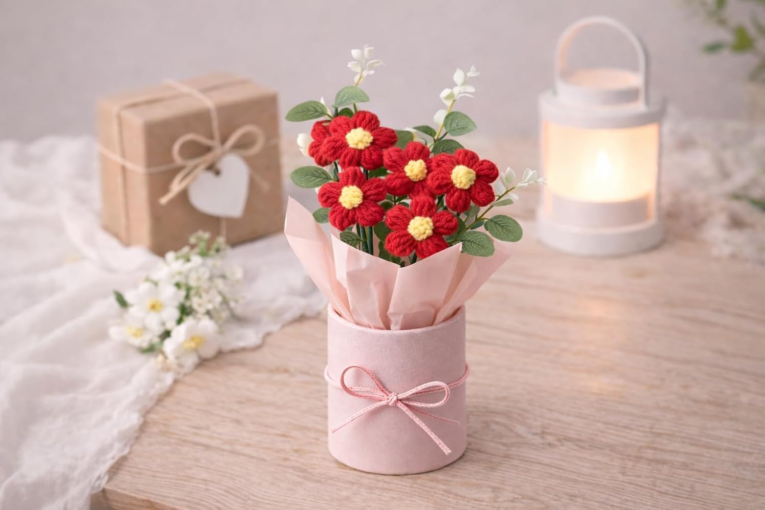 UCRAVO Crochet Flower Bouquet Handmade Knitted Artificial Flowers Cute Yarn Flower Mini Bouquet Gift Box,Aesthetic Romantic Gift for Girlfriend Wife Mom,Forever Flower Decoration for Desk Home Office