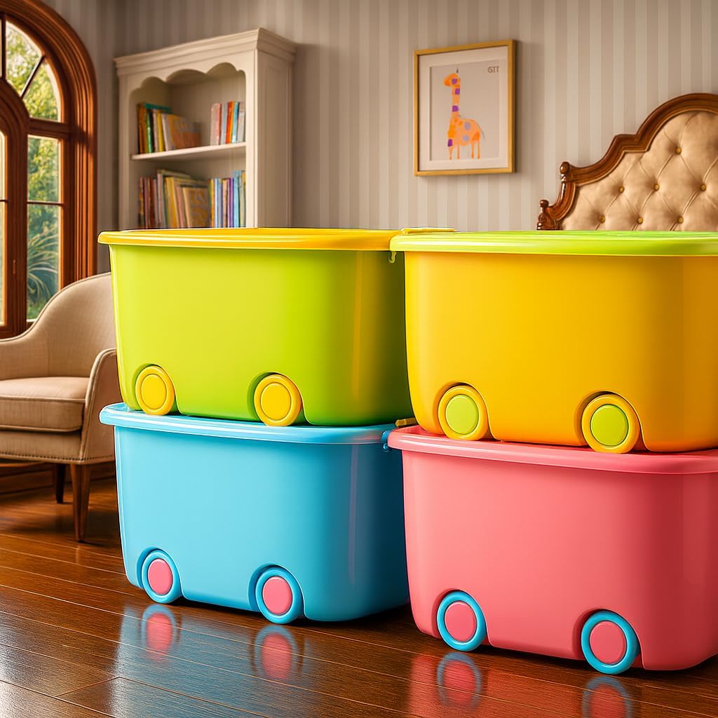 UCRAVO 45L Rolling Toy Storage Box with Wheels & Lid – Large Kids Storage Organizer, Stackable Plastic Storage Bin, Multi-Purpose Toy Container for Bedroom, Playroom & Home Organization