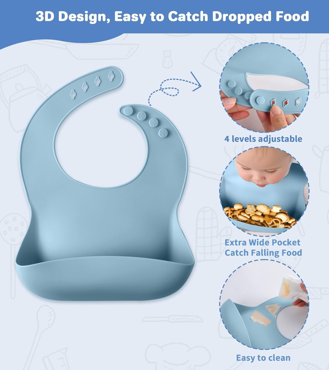 UCRAVO Baby Silicone Feeding Set 6 PCS – Blue Baby Weaning Suction Bowl,Divided Plate,Bib with Food Catcher,Training Cup with Straw,Spoon & Fork Baby Mealtime Dinnerware Set for Boys & Girls BPA Free