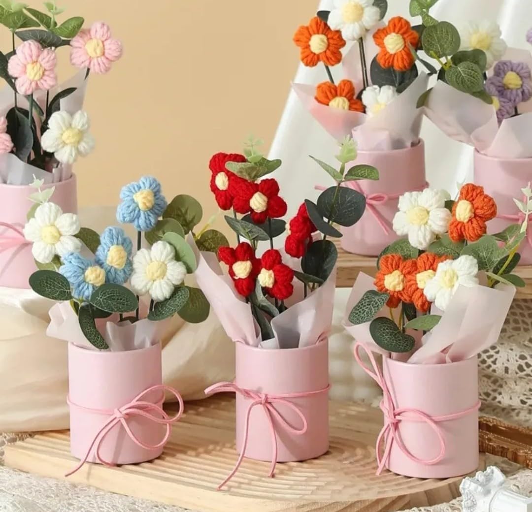 UCRAVO Artificial Crochet Flower Bouquet Blue Daisy Handmade Knitted Flower Bunch with Pot, Cute Mini Flower Arrangement for Desk Decor, Home Decoration, Romantic Gift for Girls, Women, Birthday Gift