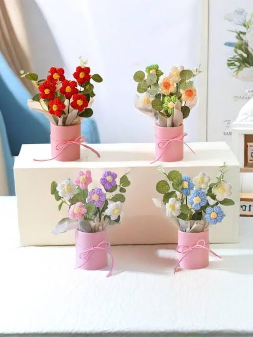 UCRAVO Artificial Crochet Flower Bouquet Blue Daisy Handmade Knitted Flower Bunch with Pot, Cute Mini Flower Arrangement for Desk Decor, Home Decoration, Romantic Gift for Girls, Women, Birthday Gift