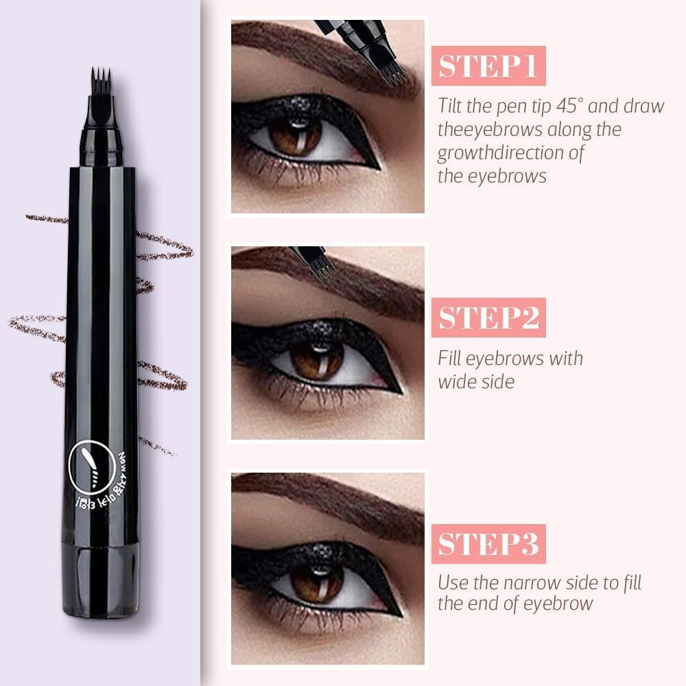 UCRAVO Black Eyebrow Pen 4 Tip Microblading Brow Pencil for Women & Men Waterproof Smudge Proof Long Lasting Eyebrow Marker Sweat Resistant Brow Tint Pen Natural Hair Like Brows,Thin Sparse Eyebrows