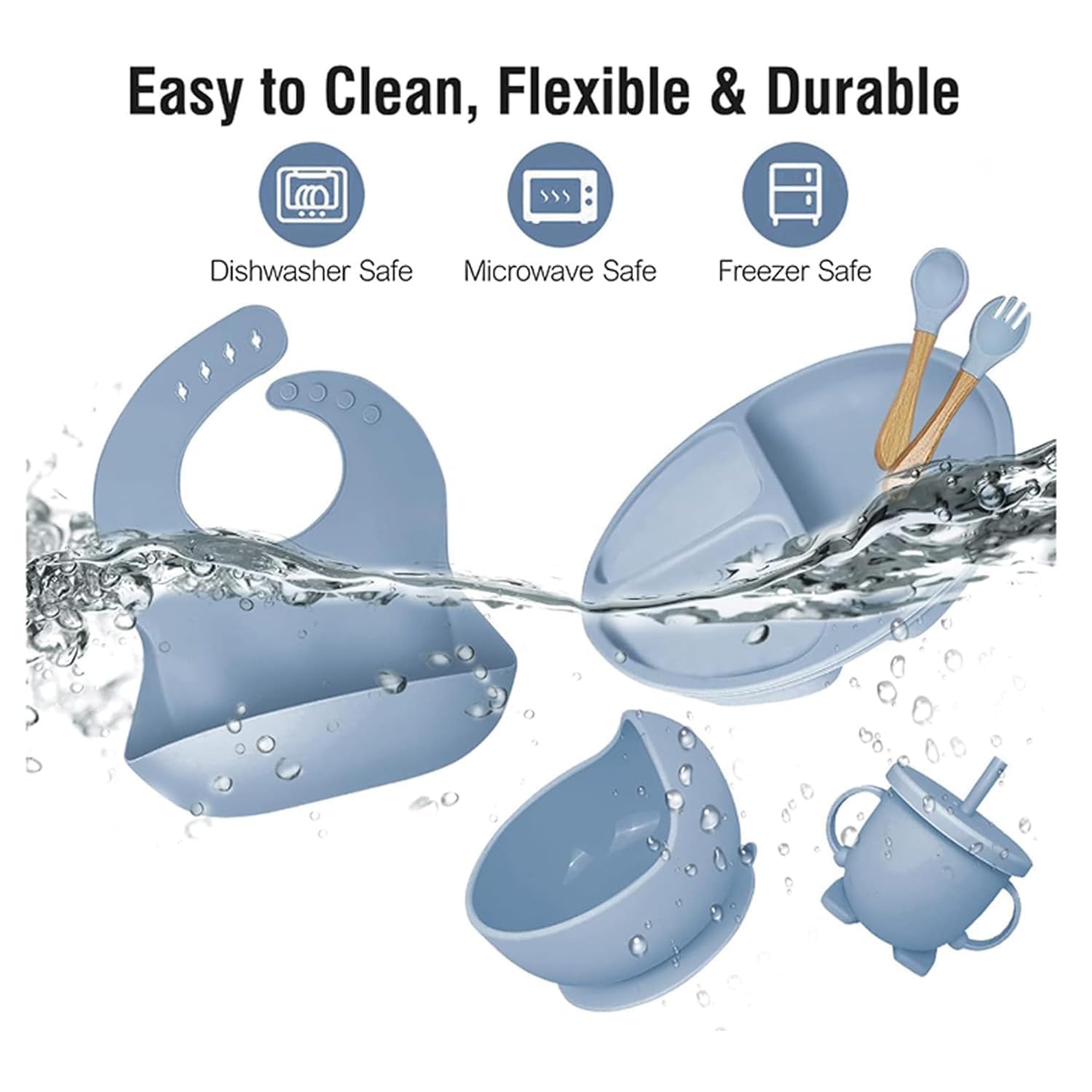 UCRAVO Baby Silicone Feeding Set 6 PCS – Blue Baby Weaning Suction Bowl,Divided Plate,Bib with Food Catcher,Training Cup with Straw,Spoon & Fork Baby Mealtime Dinnerware Set for Boys & Girls BPA Free