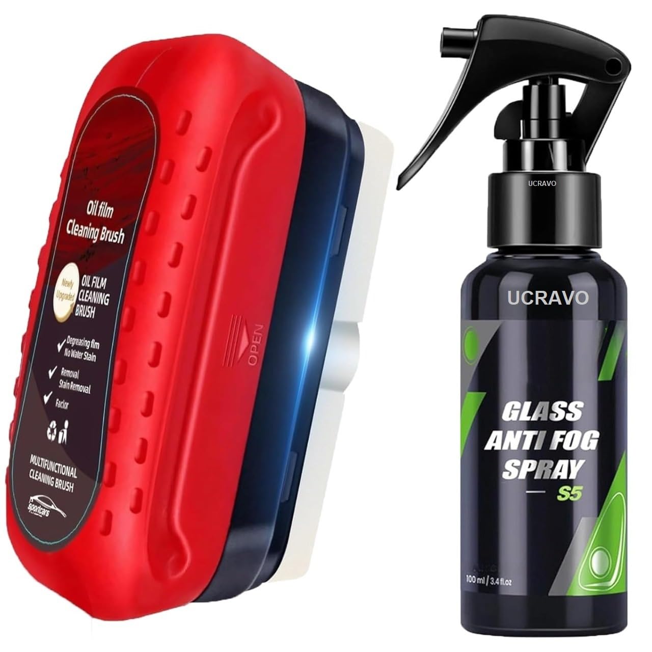 UCRAVO Oil Film Cleaning Brush & Car Glass Cleaner Anti-Fog Spray Anti-Mist, Oil Stain Remover for Car Windows, Mirrors & Glass Rain Mist Windshield Defogger & Stain Remover for Interior & Exterior