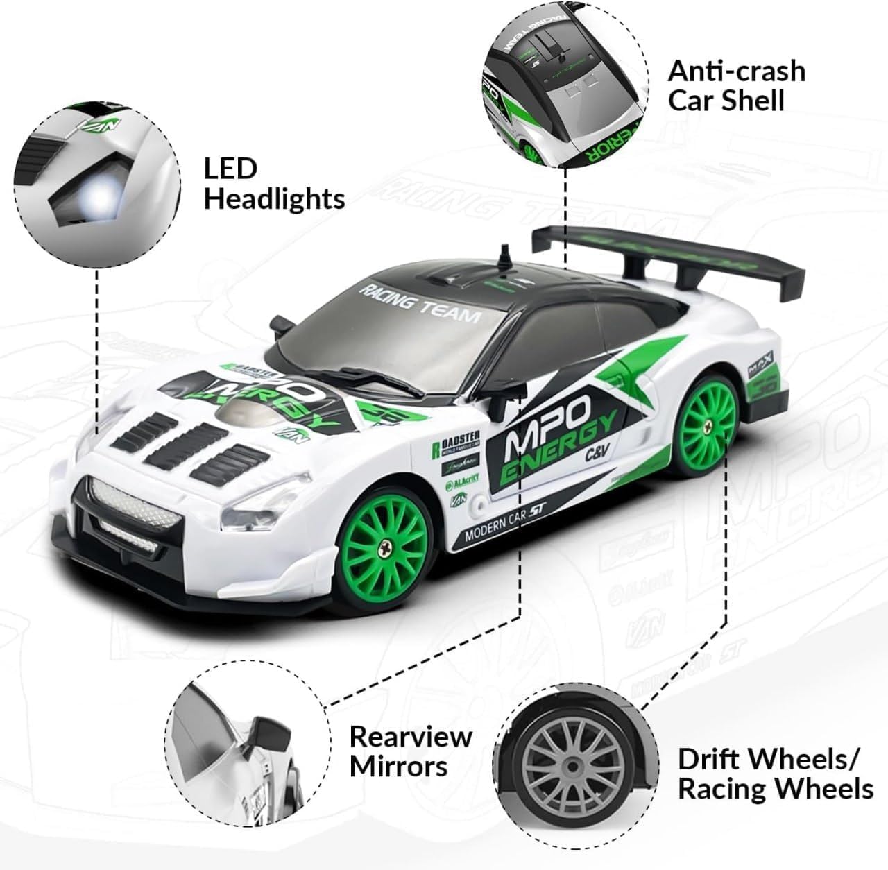 UCRAVO 4WD RC Drift Car for Kids & Adults – High Speed Remote Control Car 2.4GHz, Rechargeable Battery, Racing Drift Car with LED Lights, Toy Car Gift for Boys Girls Age 6 7 8 9 10 11 12+ Years