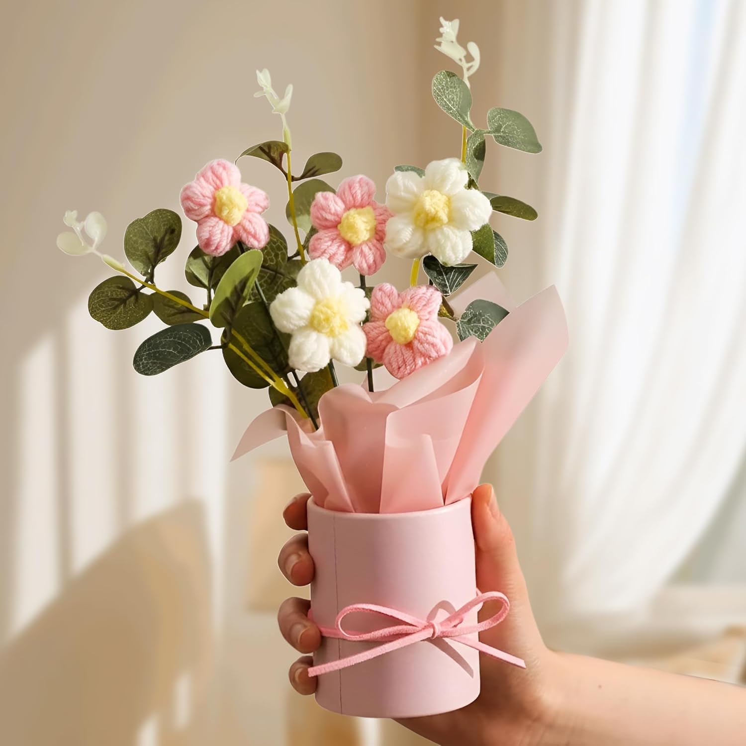 UCRAVO Artificial Flower Pot for Home Decor Premium Faux Flower Arrangement with Decorative Pot & Ribbon Tabletop Flower Vase for Living Room,Bedroom,Office,Gift for Birthday,Anniversary,Housewarming