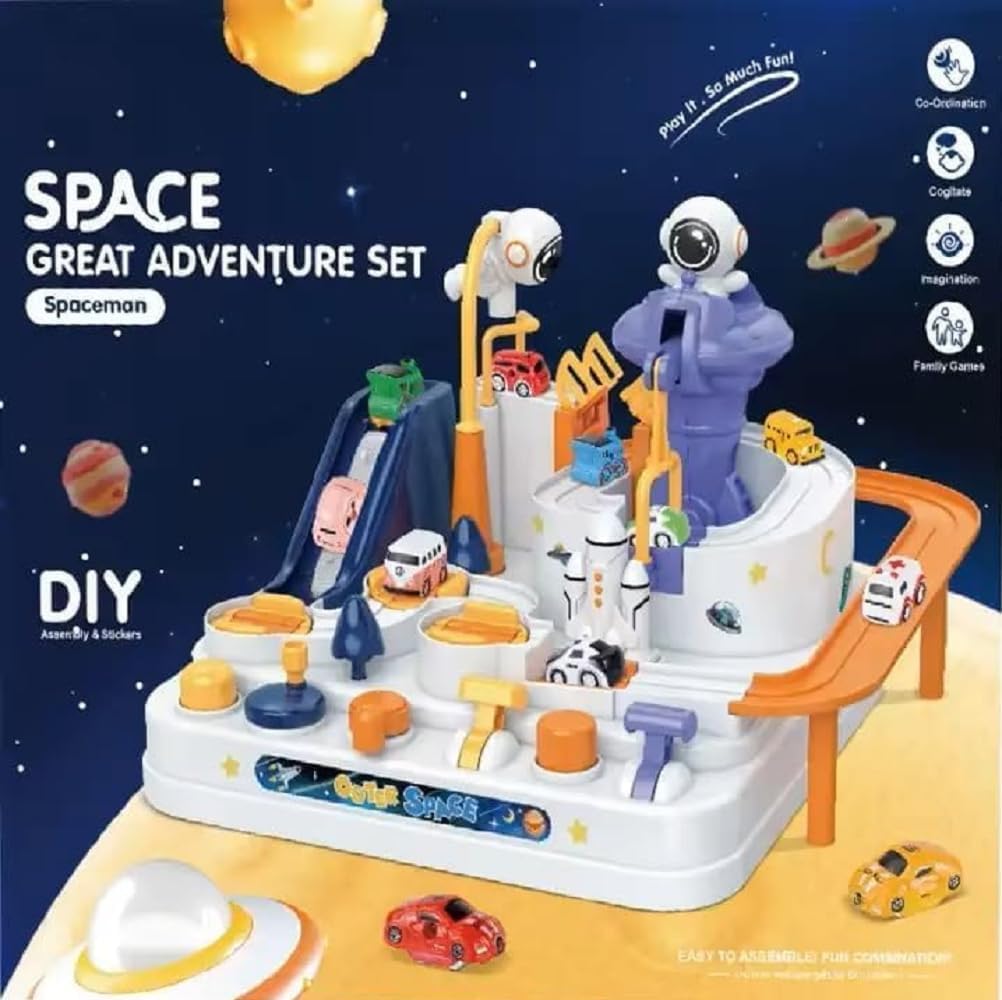 UCRAVO Space Orbit Challenge Adventure Cars Track Toy, Preschool Educational Puzzle Car Track Playset, City Rescue Vehicle Ramp Race Set with Space Theme, Interactive Toddler Learning Toy Gift