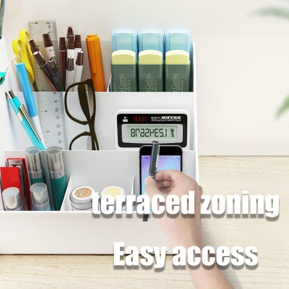 UCRAVO Multi-Functional Desk Organiser with 5 Compartments and 2 Drawer Desktop Office Supplies Stationery Storage Box Cosmetic Organizer for Ballpoint Pens Staplers Clips Sticky Notes - White