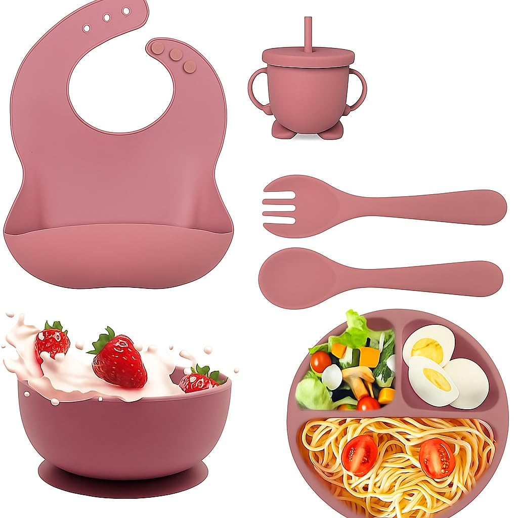 UCRAVO Baby Silicone Feeding Set 6 PCS – Pink Baby Girl Weaning Kit with Suction Bowl, Section Plate, Soft Silicone Bib, Sippy Cup with Handles, Spoon & Fork | Infant & Toddler Feeding Essentials