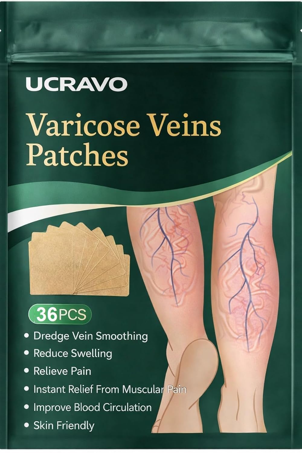 UCRAVO Varicose Veins Patch 36 PCS Herbal Vein Care Patch for Leg Swelling,Spider Veins,Muscle Pain Relief,Improve Blood Circulation,Deep Vein Support,Skin Friendly Pain Relief Patch for Men & Women