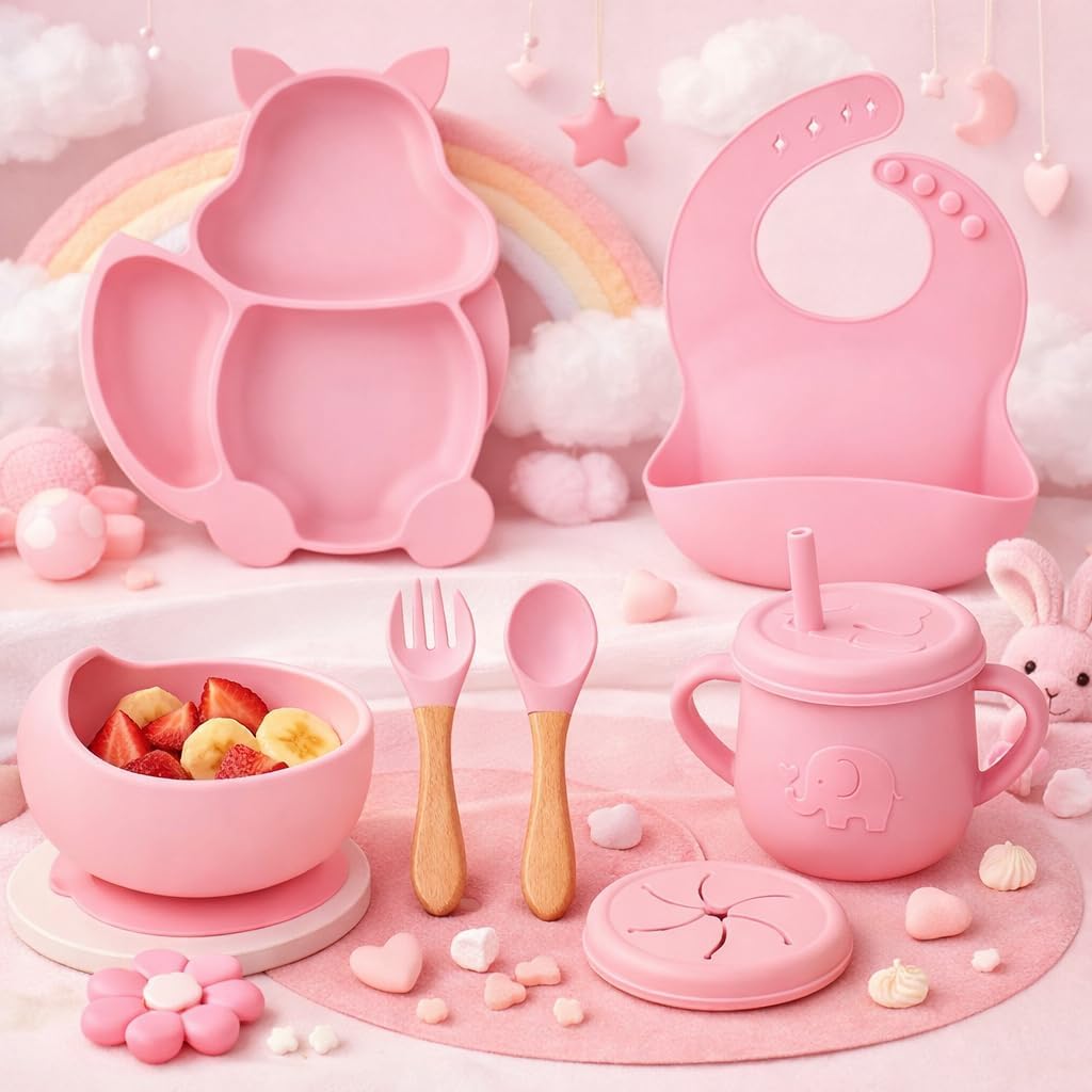 UCRAVO Pink Silicone Baby Feeding Set for Baby Girls 6 PS Baby Led Weaning Kit with Bowl & Animal Shape Divided Plate,Adjustable Food Catcher Bib,Leak Proof Straw Sippy Cup,Soft Silicone Spoon & Fork