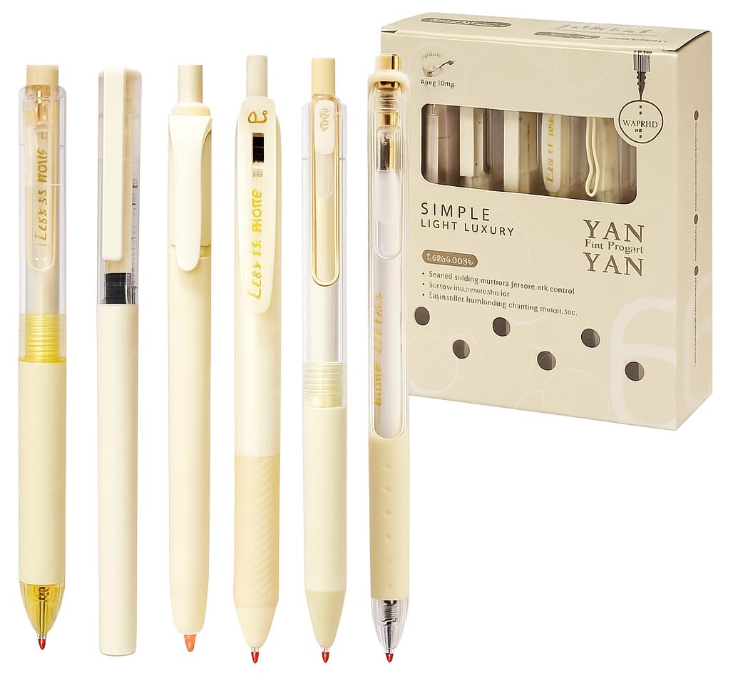 UCRAVO 6 Count Pastel Gel Ink Pen Set,Cute Note Taking 0.5mm Fine Point Retractable 5 Count Blue Ink Pens with 1 Count Highlighter for Writing, Journaling, School, Office (Off White)