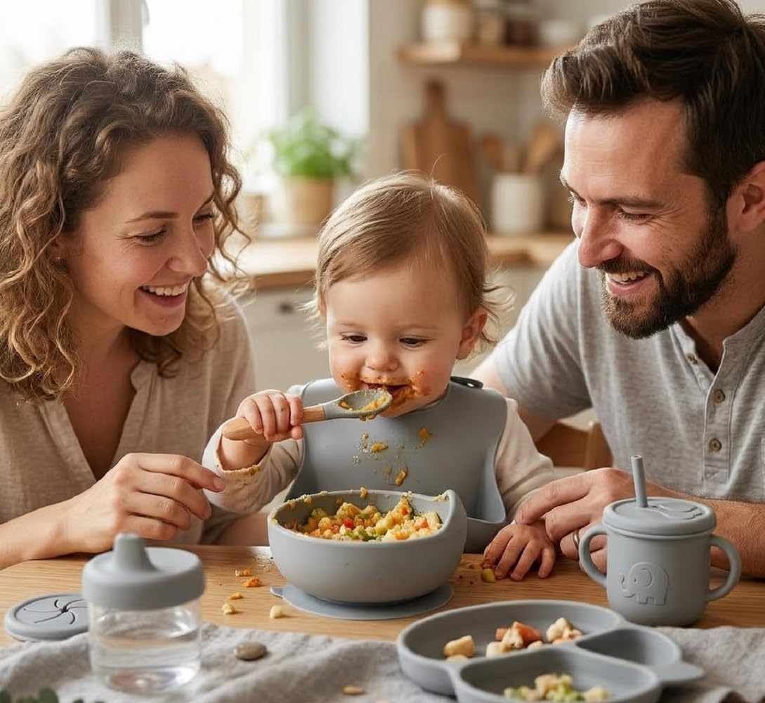 UCRAVO Grey Silicone Baby Feeding Set 6PCS Toddler Dinnerware Set with Strong Suction Bowl & Divided Plate, Adjustable Waterproof Bib with Food Catcher, Spill Proof Straw Sippy Cup, Baby Spoon & Fork